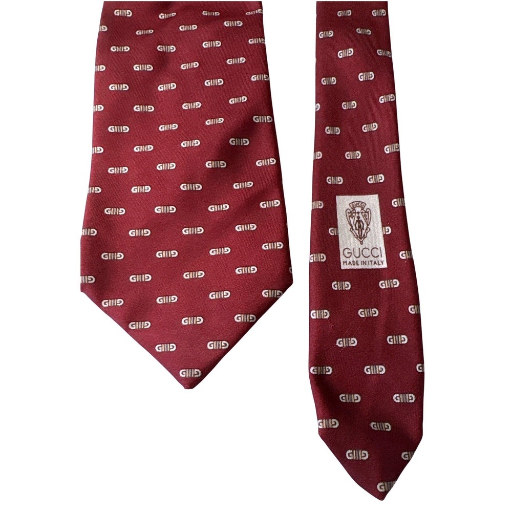 VTG‎ Gucci Burgundy Logo Silk Tie Made in Italy All-Over G Pattern Necktie - Picture 5 of 6
